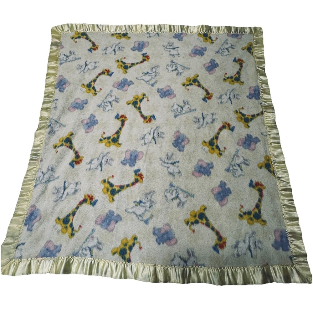 Vintage Baby Blanket With Satin Trim Elephant, Rabbit, And Giraffe
